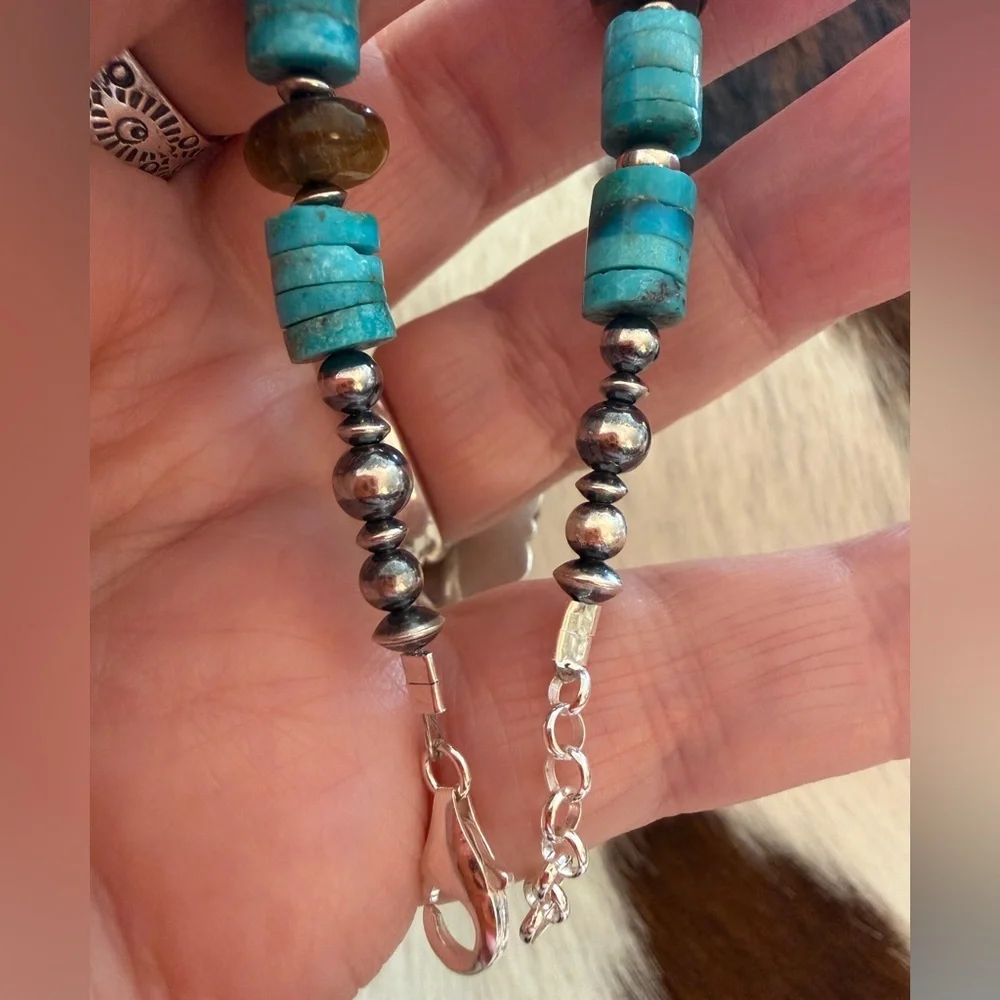 ❤️ 925 Desert Pearl Saucers Kingman Blue Turquoise Tigers Eye Bracelet 6.75+75”L